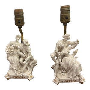Antique German Porcelain Boudoir Courting Lamps - a Pair