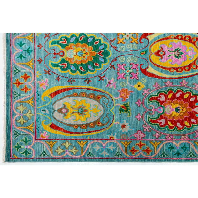 Textile Contemporary Vibrant Oushak-Style Hand-Knotted Turquoise & Jewel-Tone Wool Rug For Sale - Image 7 of 12