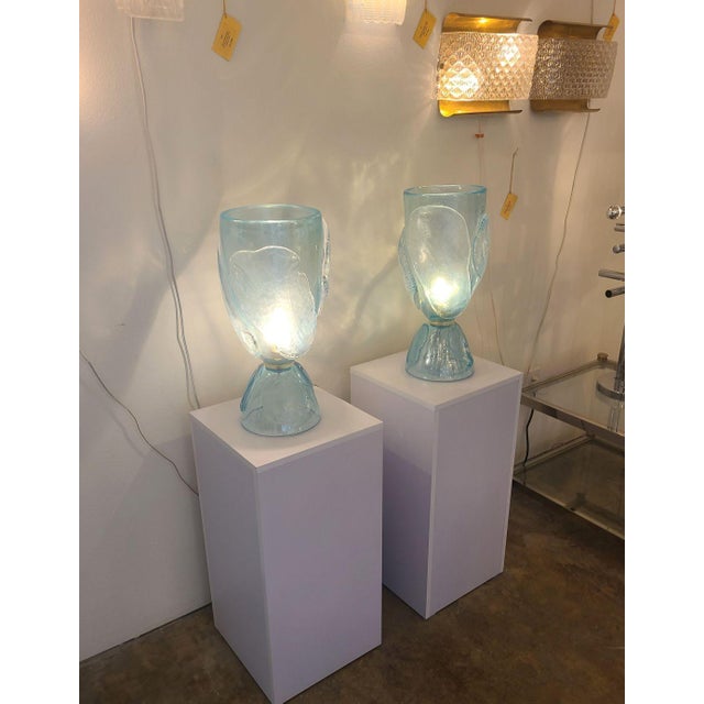Mid-Century Modern 1970s Mid Century Modern Blue, Seguso Style Murano Glass Lamps - A Pair For Sale - Image 3 of 12