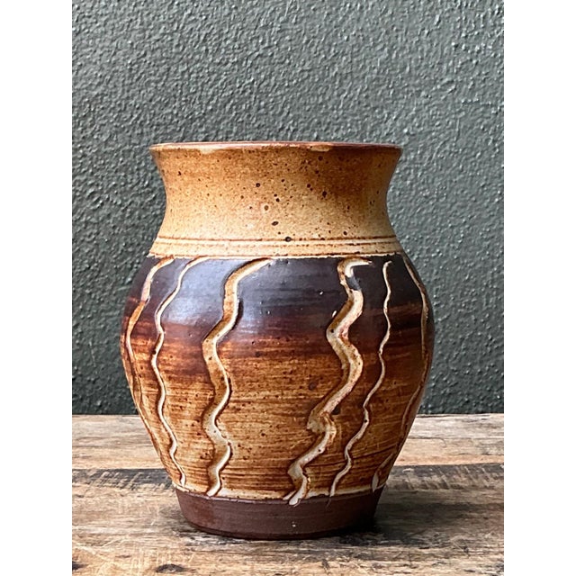 Mid-Century Modern Vintage Handcrafted Ceramic Vase With Wave Motif For Sale - Image 3 of 15