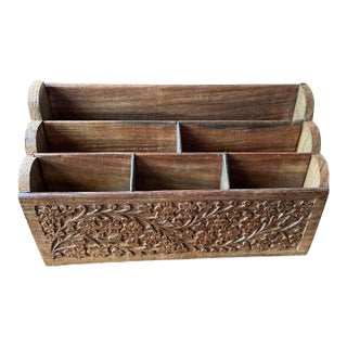 Anglo Indian Kashmiri Wood Carved Desk Letter Stationery Rack Handmade For Sale