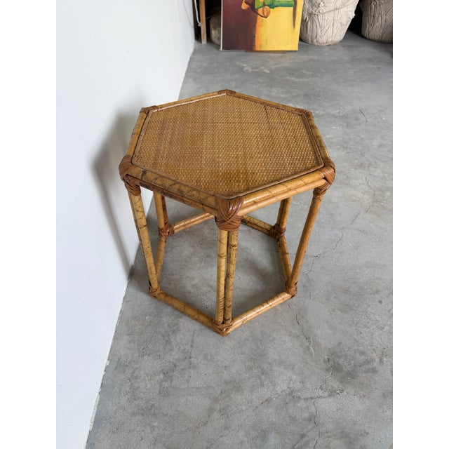 Vintage Bamboo & Rattan Hexagon Side Table For Sale - Image 9 of 13