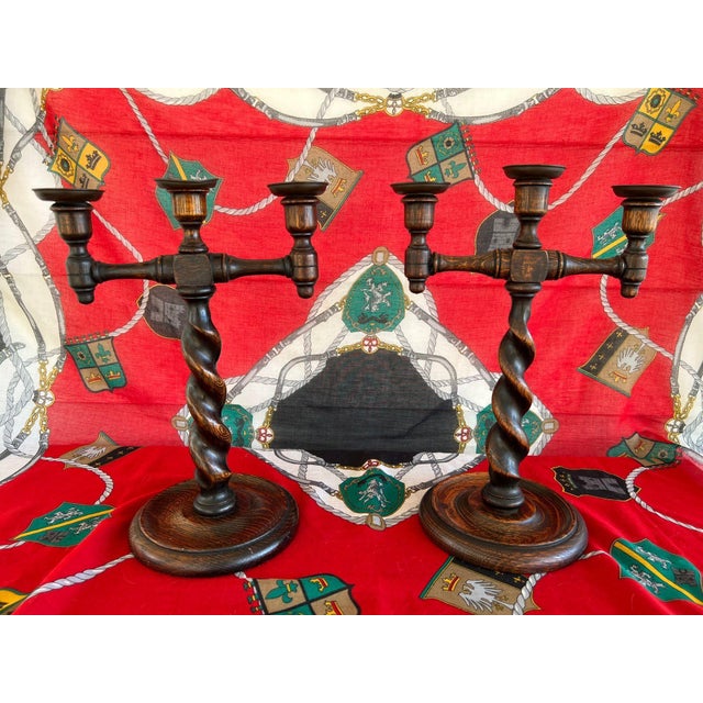 PAIR Antique English Oak Barley Twist Candlesticks Candelabras Candle Holders. Direct from England, a rare matched PAIR of...