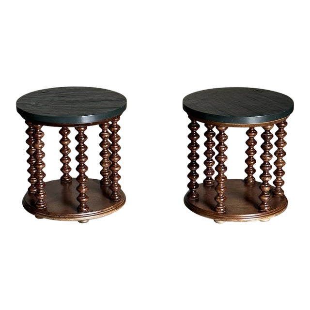 1970s American Modernist Designer Spool and Slate Side Tables by Henredon Custom Folio Three - a Pair For Sale