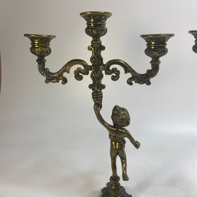 Mid 20th Century Vintage Pair Cherub Three Armed Candle Holder Cast Metal Italy Chateau Style For Sale - Image 5 of 11