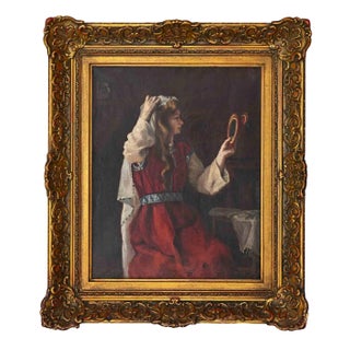 A Young Oriental Woman Looking at the Mirror, Oil on Canvas, 19th-Century For Sale