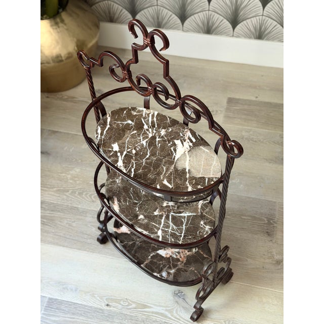 Marble Stone and Wrought Iron Metal 3-Tier Plant Stand or Bar Cart For Sale - Image 9 of 16