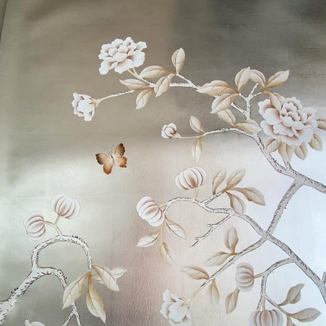 36" * H108"/Panel, Luxury Hand-Painted Chinoiserie Wallpaper on Champagne Silver Gilded Paper For Sale - Image 4 of 6