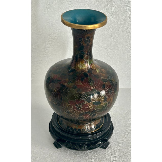 Bronze Vintage Cloisonné Vase Earth Tones With Carved Wooden Base For Sale - Image 8 of 16