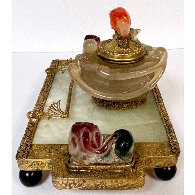 1920s Art Deco Chinoiserie jade jordan Ormolu Carved Hardstone- Quartz Inkwell by Edward Farmer For Sale - Image 5 of 8