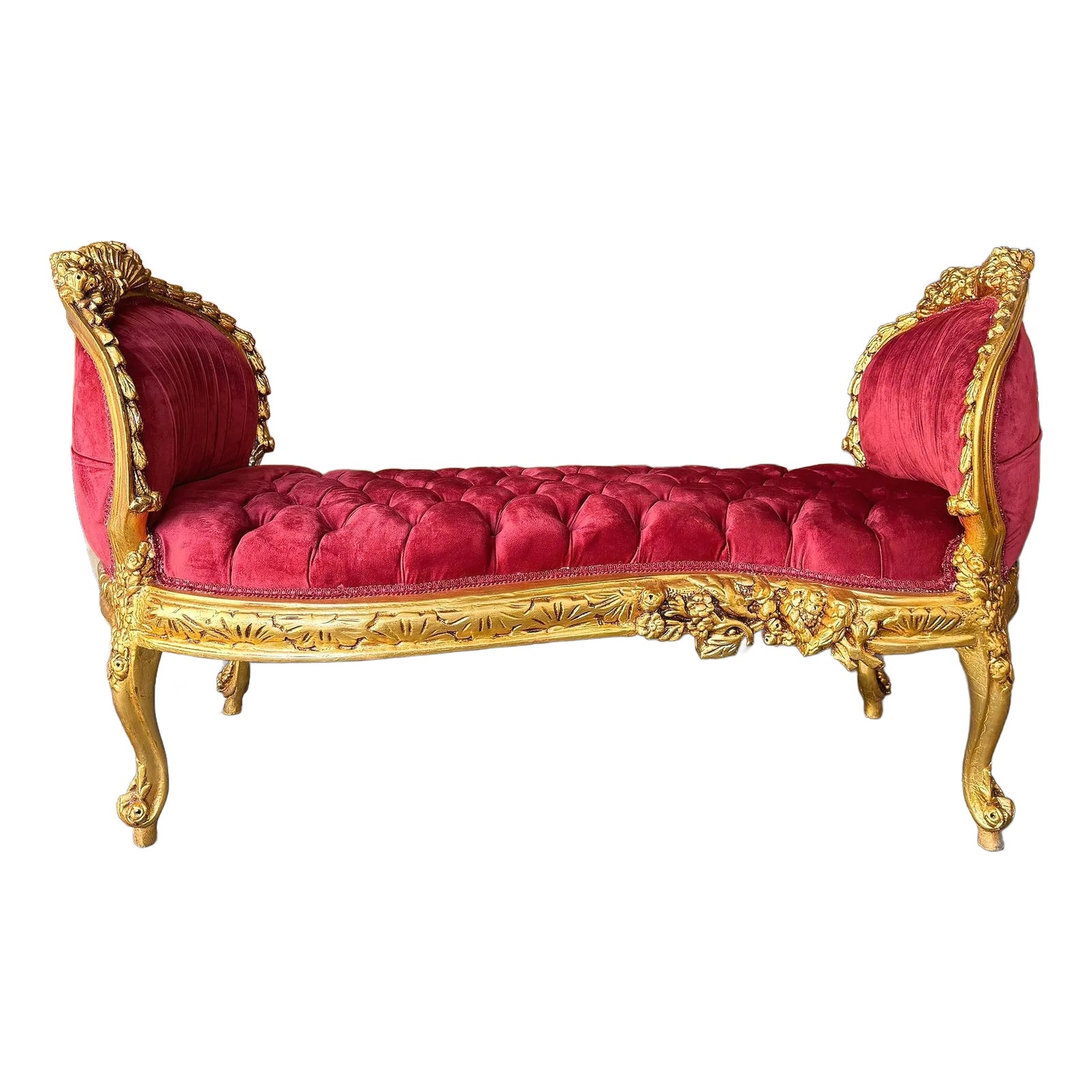 Marquis French Tufted Bench Red Velvet | Chairish