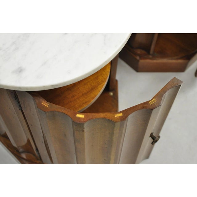 French Empire Round Marble Top Mahogany Column Pedestal Cabinet End Table Pair For Sale - Image 9 of 12
