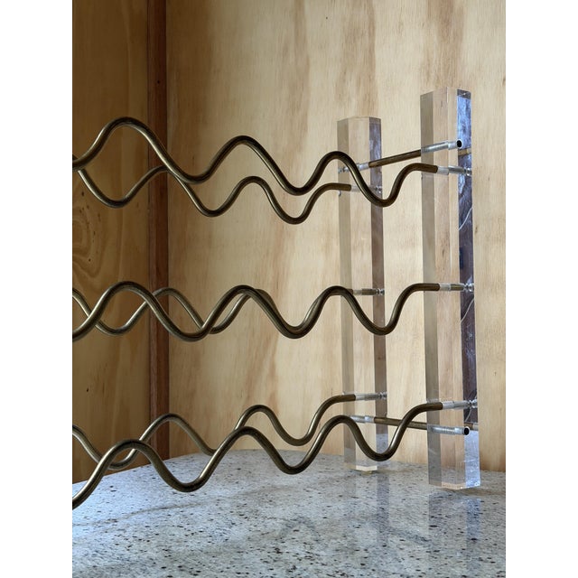 Goldenrod Hollywood Regency Acryllic Glass and Brass Sinuous Wave Wine Rack, 1970s For Sale - Image 8 of 16