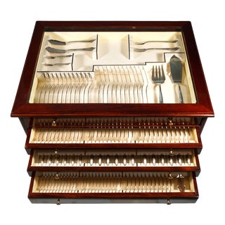 Art Deco Silver Cutlery Set for 12 in Showcase attributed to Bruckmann &Sons Germany, 1920s, Set of 164 For Sale