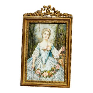Early 19th Century Charming French Neoclassical Antique Portrait Miniature Painting Woman Blue Dress Luxury Home Decor For Sale