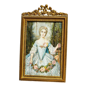 Early 19th Century Charming French Neoclassical Antique Portrait Miniature Painting Woman Blue Dress Luxury Home Decor
