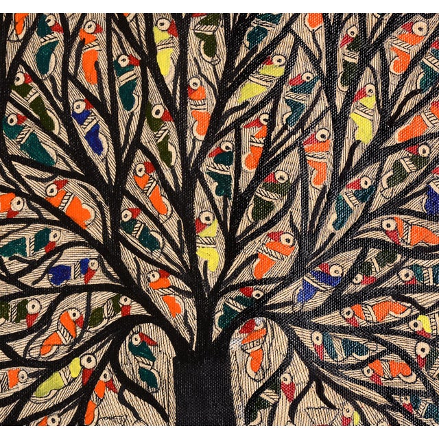 This striking hand-painted Madhubani folk art composition by Mamta Devi, a National Award recipient in 2016, celebrates...