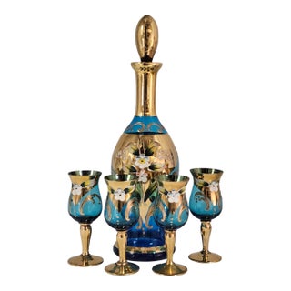 Vintage Venetian Tre Fuochi Turquoise Ombre Art Glass Decanter Set - Set of 5 For Sale