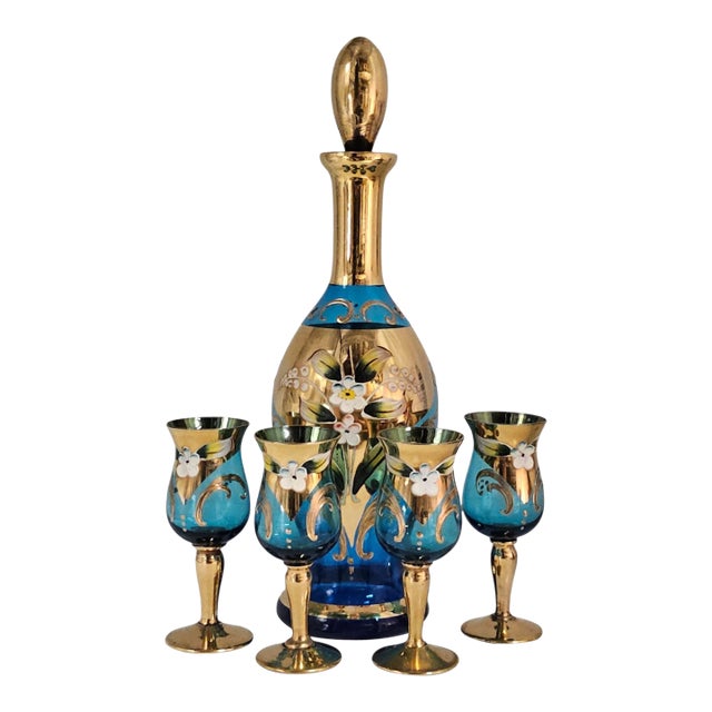 Vintage Venetian Tre Fuochi Turquoise Ombre Art Glass Decanter Set - Set of 5 For Sale