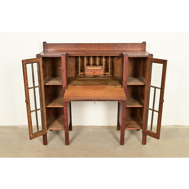 Early 20th Century Stickley Brothers Style Antique Mission Oak Arts & Crafts Double Bookcase With Drop Front Secretary Desk, Circa 1910 For Sale - Image 5 of 15