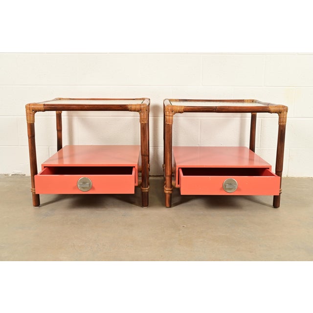 1950s John Wisner for Ficks Reed Mid-Century Hollywood Regency Bamboo Rattan Glass Top Side Tables, Pair For Sale - Image 5 of 11