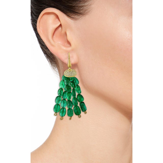 150 Carat Emerald Beads and Diamond Hanging/ Drop Earrings 14 Karat Yellow Gold For Sale In New York - Image 6 of 18