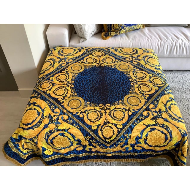 Metal Custom Made Atelier Versace Blue Gold Baroque Velvet Throw For Sale - Image 7 of 12