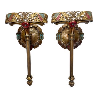 Antique Arts & Crafts Sconce Spanish Revival 1920s Polychrome Lighting - a Pair For Sale