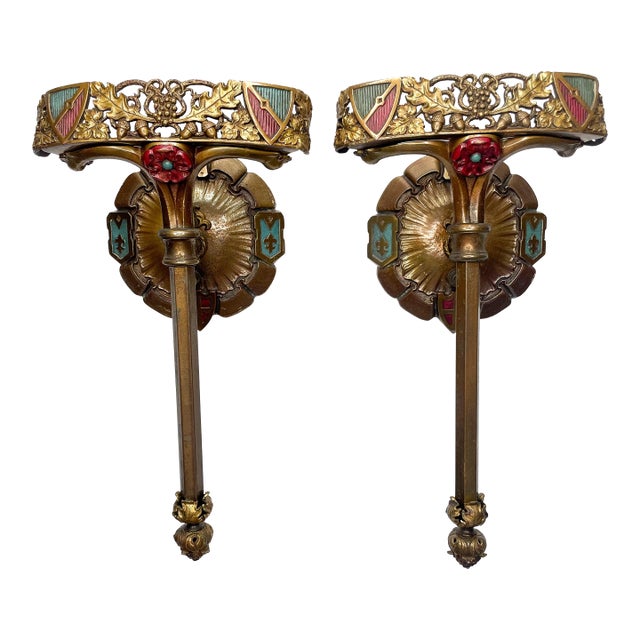 Antique Arts & Crafts Sconce Spanish Revival 1920s Polychrome Lighting - a Pair For Sale