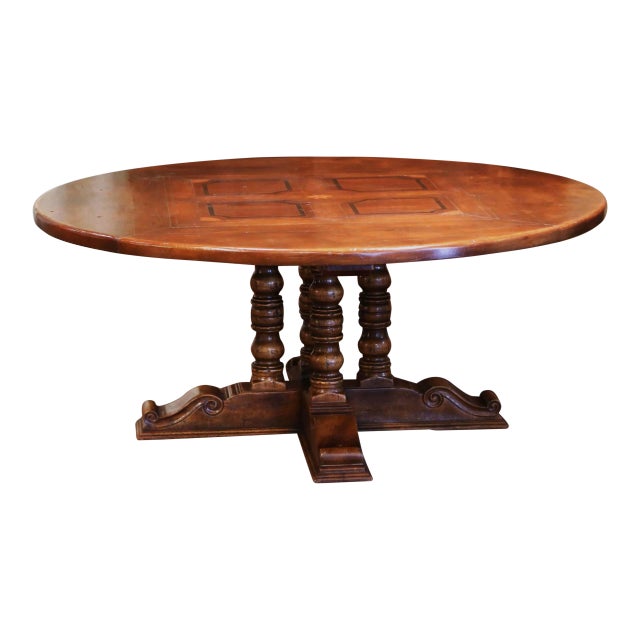Mid-Century French Carved Walnut Pedestal Round Dining Table With Parquetry Top For Sale