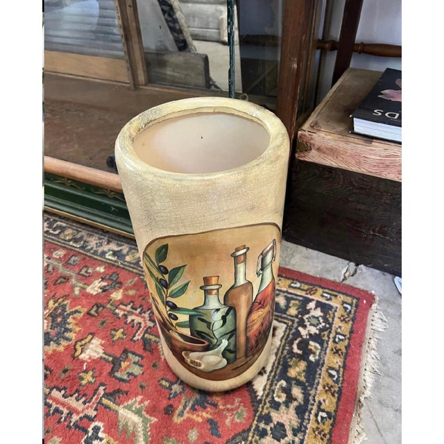 Vintage Large Mediterranean Style Ceramic Umbrella Stand With Olive and Wine Details For Sale - Image 4 of 6
