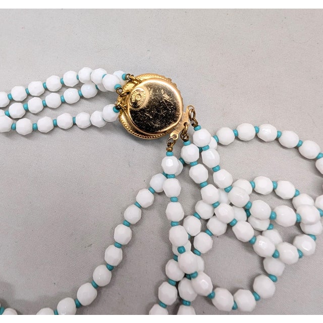 White Vintage Signed Hattie Carnegie 3-Strand White Beaded Faux-Turquoise Necklace For Sale - Image 8 of 8