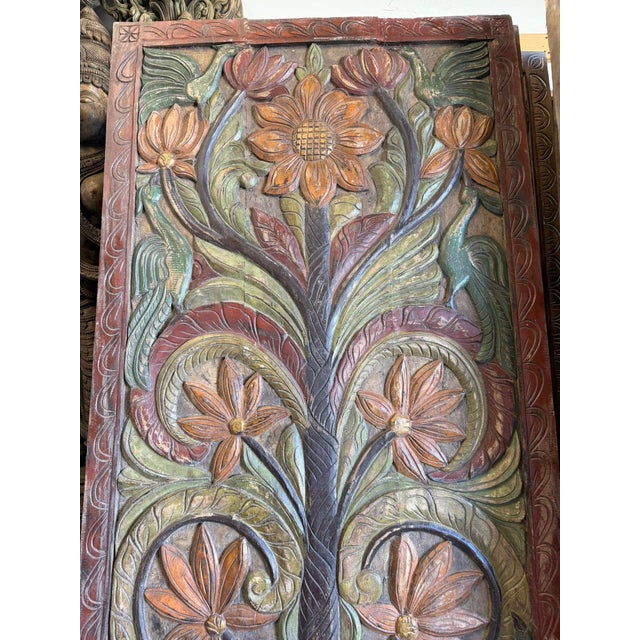 1920s Vintage Hand-Carved Tree of Life Wood Barn Door | Painted Indian Wall Panel With Elephant & Lotus Door 84x36 For Sale - Image 5 of 6