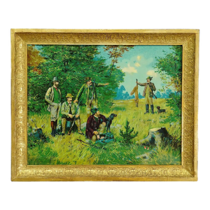 Antique Oil Print With Victorian Hunting Scene After Josef Ringeisen
