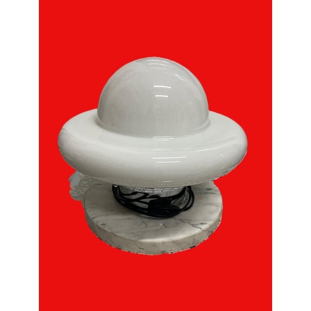 space-age ufo lamp with marble base, steel body, and white opaline glass shade working lamp height: 30 cm diameter:...