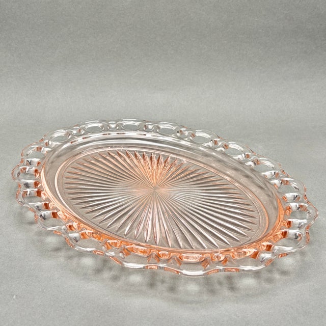 Traditional Vintage Pink Anchor Hocking “Old Colony” Lace Edge Depression Glass Serving Platter For Sale - Image 3 of 8