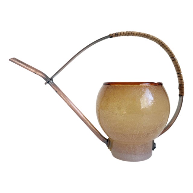 Italian Copper, Blown Glass, & Rattan Watering Can For Sale
