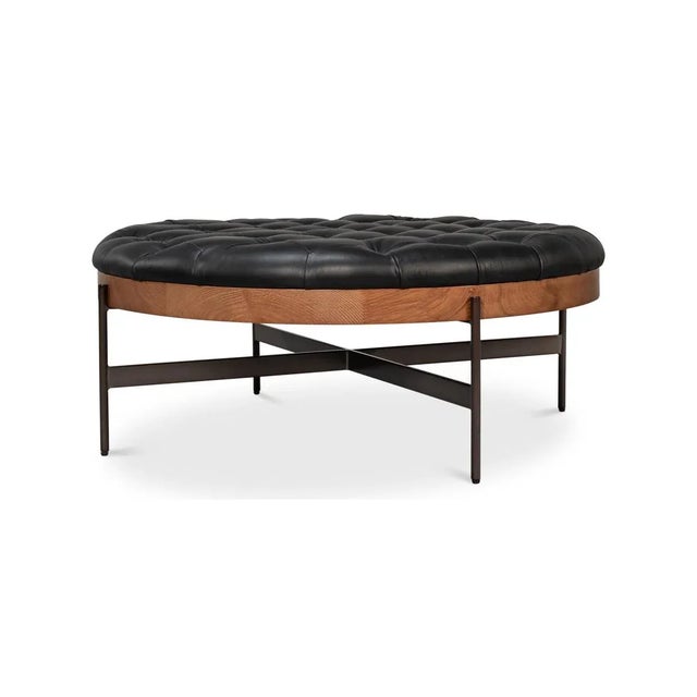 Wood Modern Black Leather Cocktail Ottoman For Sale - Image 7 of 15