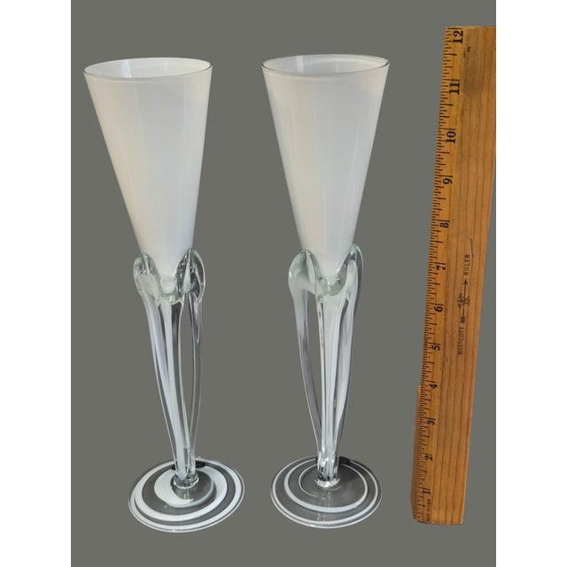 Late 20th Century Pair Vintage Krosno Józefina Hand-Blown White Art Glass Champagne Flutes Poland For Sale - Image 5 of 8