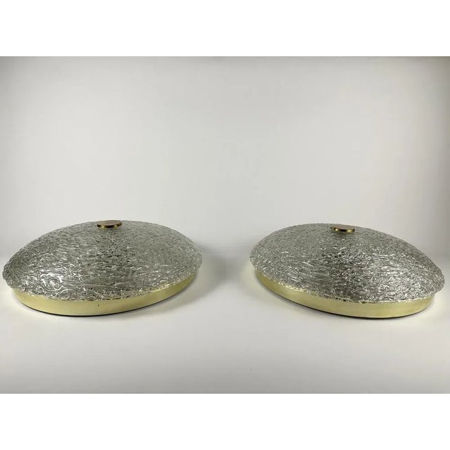 Glass Flush Mounts with Gilt Brass Trims, 1970s, Set of 2 For Sale - Image 3 of 11