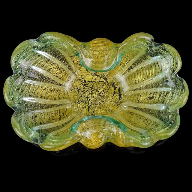 Mid 20th Century Vintage Murano Barovier Toso Aqua Green Rim Gold Flecks Ribbed Surface Italian Art Glass Decorative Bowl For Sale - Image 5 of 9