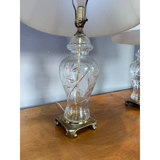 Vintage Pair Cut Crystal and Brass Table Lamps With Pleated Silk Shades For Sale In Philadelphia - Image 6 of 18