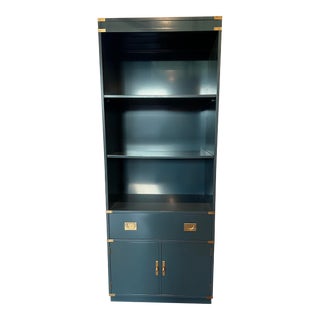 1980s Green Lacquered Campaign Style Bookcase by Drexel For Sale