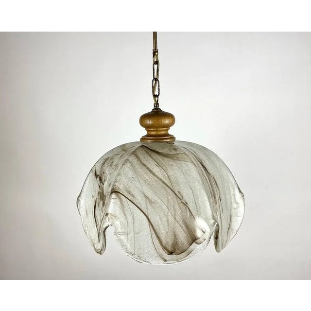 Mid-Century Modern Pendant in Textured Glass and Wood For Sale - Image 3 of 10