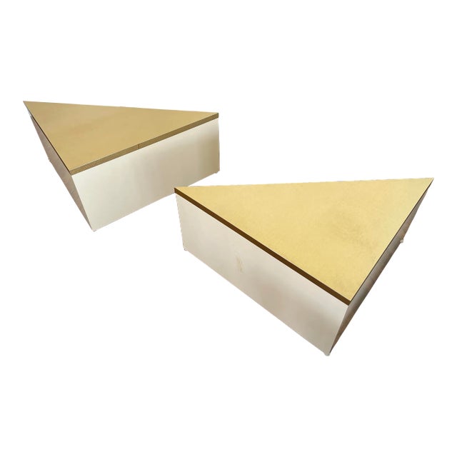 1980 Laminate Brass Triangle End Tables - a Pair For Sale