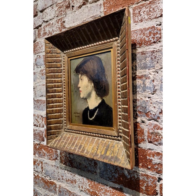 Textile Raphael Soyer -Portrait in Profile of a Woman Wearing a Pearl Necklace-1930s Oil Painting For Sale - Image 7 of 9