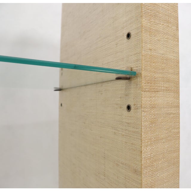 Antique White Raffia Cloth Finished Rounded Angles Étagère Display Unit Glass Shelves For Sale - Image 8 of 12