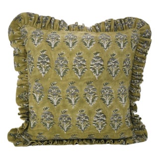Fabdivine Decorative Block Print Frill Cushion Cover Green 20x20 Inch Thick Linen- Mor Mukut For Sale