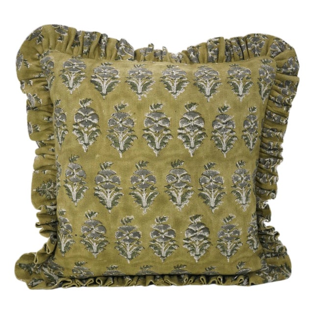 Fabdivine Decorative Block Print Frill Cushion Cover Green 20x20 Inch Thick Linen- Mor Mukut For Sale