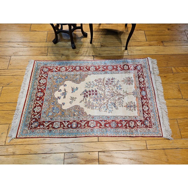Vintage Turkish Silk Kayseri Rug, Handwoven Tree of Life Design, Ivory & Red, 3' x 5' For Sale In Chicago - Image 6 of 10